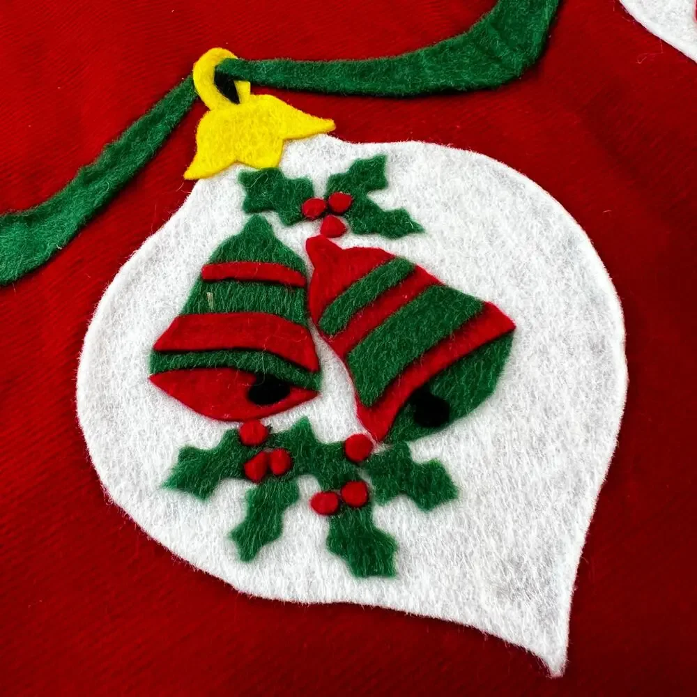 Vintage Handmade Felt Applique Christmas Tree Skirt Red Corduroy